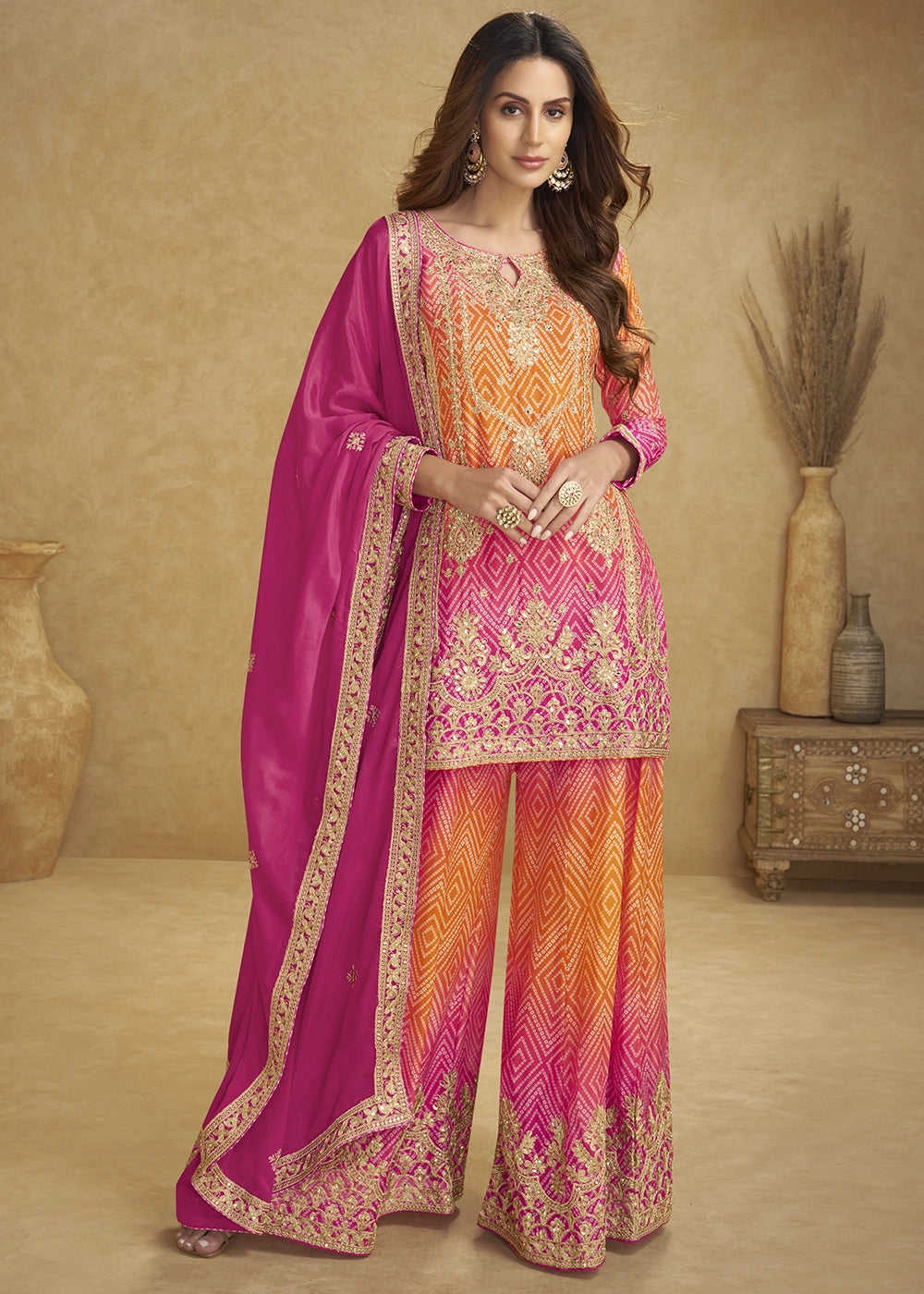 Pink-Orange Chinon Silk Palazzo Suit with Fine Embroidery