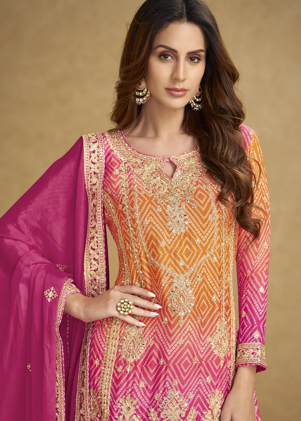 Pink-Orange Chinon Silk Palazzo Suit with Fine Embroidery