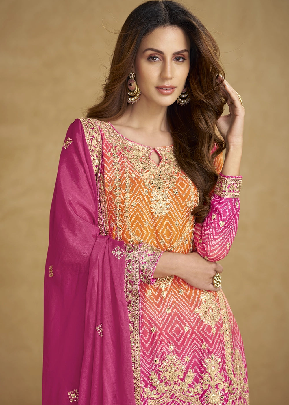 Pink-Orange Chinon Silk Palazzo Suit with Fine Embroidery