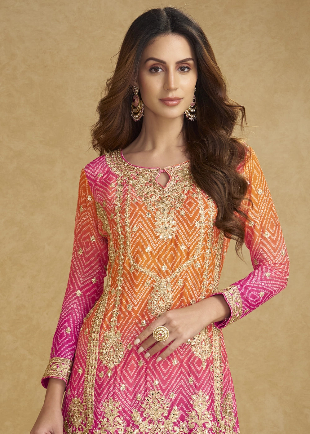 Pink-Orange Chinon Silk Palazzo Suit with Fine Embroidery