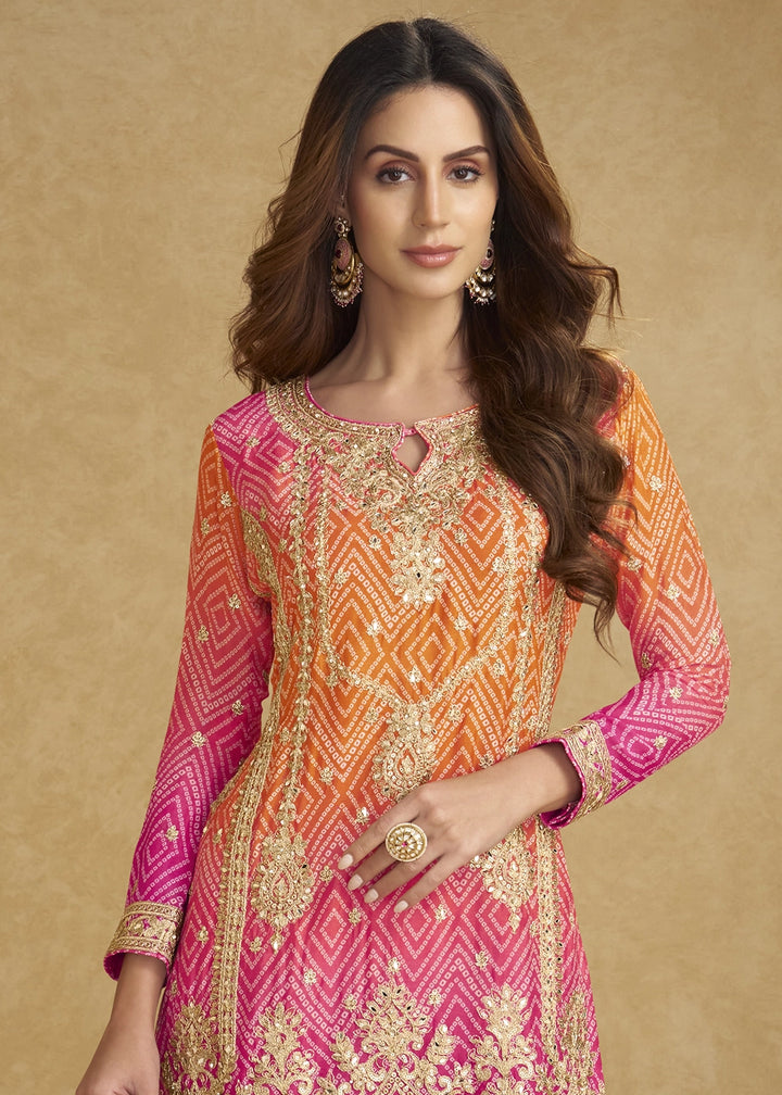 Pink-Orange Chinon Silk Palazzo Suit with Fine Embroidery