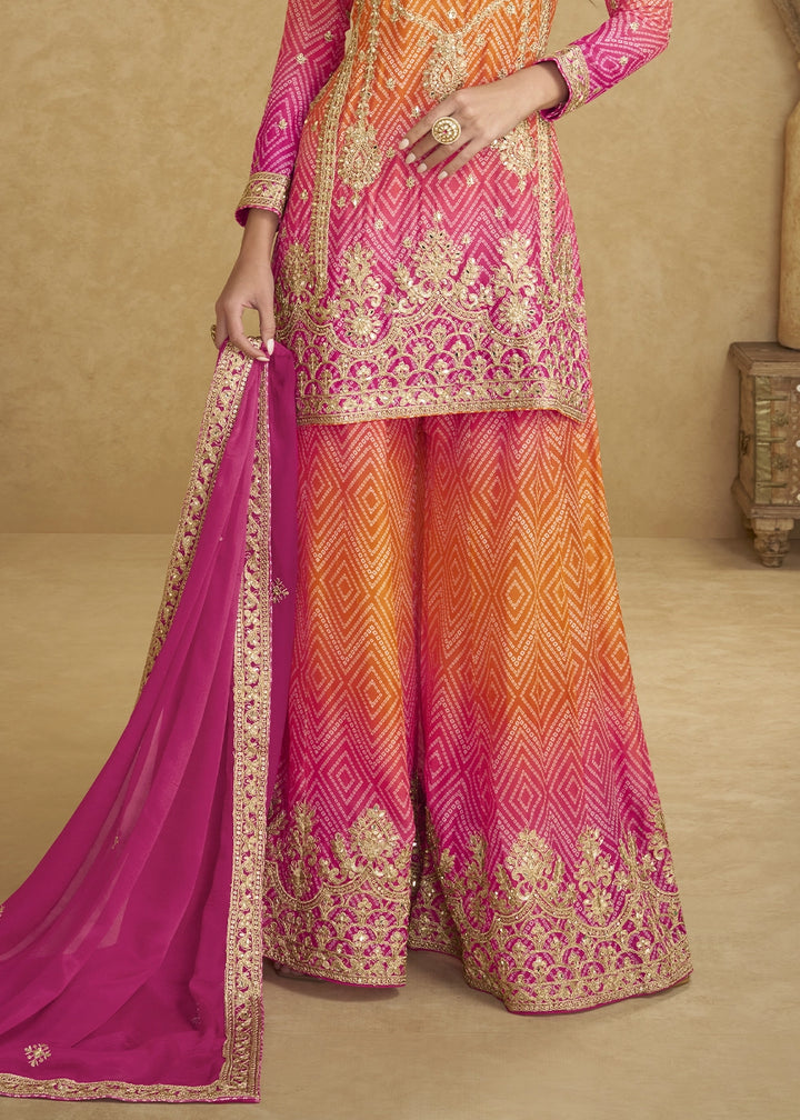 Pink-Orange Chinon Silk Palazzo Suit with Fine Embroidery