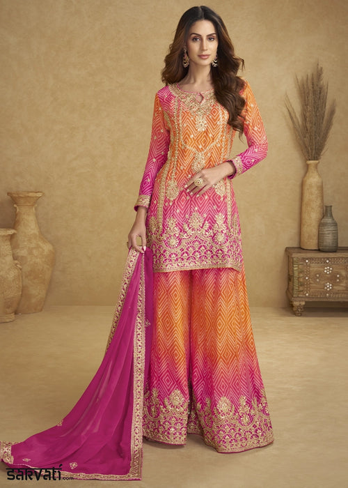 Pink-Orange Chinon Silk Palazzo Suit with Fine Embroidery