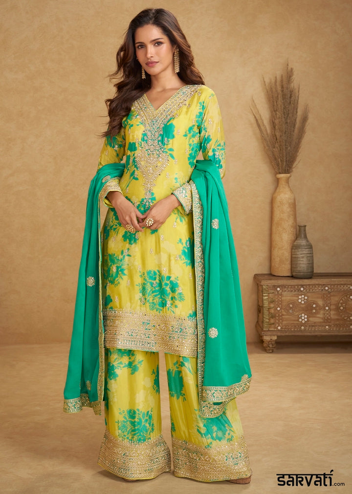 Lemon Yellow Palazzo Suit in Chinon Silk with Intricate Embroidery