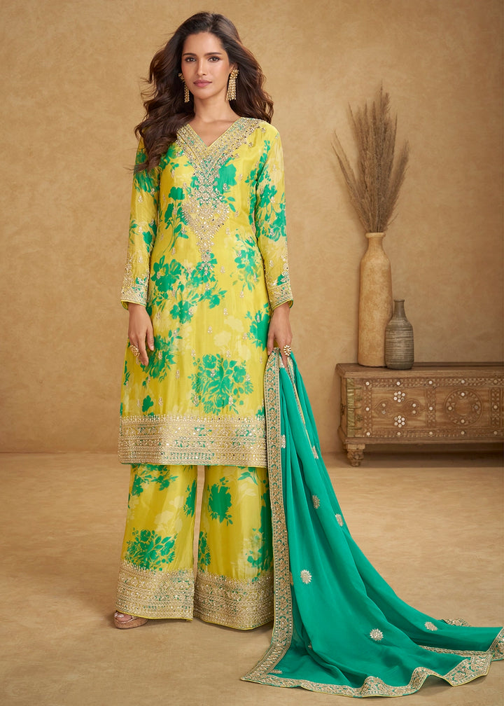 Lemon Yellow Palazzo Suit in Chinon Silk with Intricate Embroidery