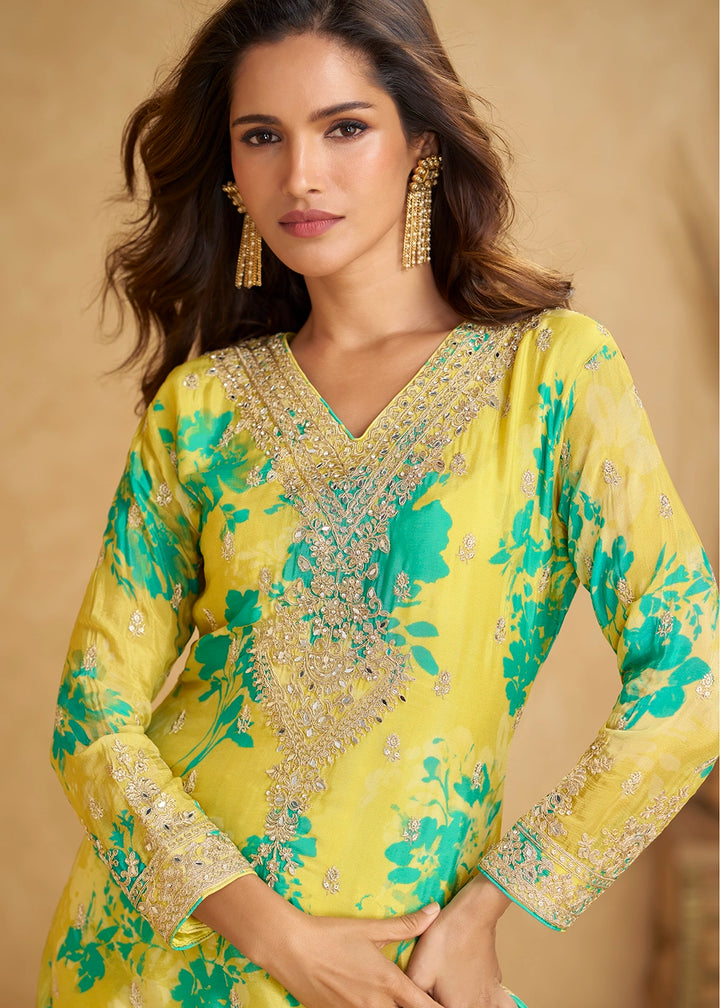 Lemon Yellow Palazzo Suit in Chinon Silk with Intricate Embroidery