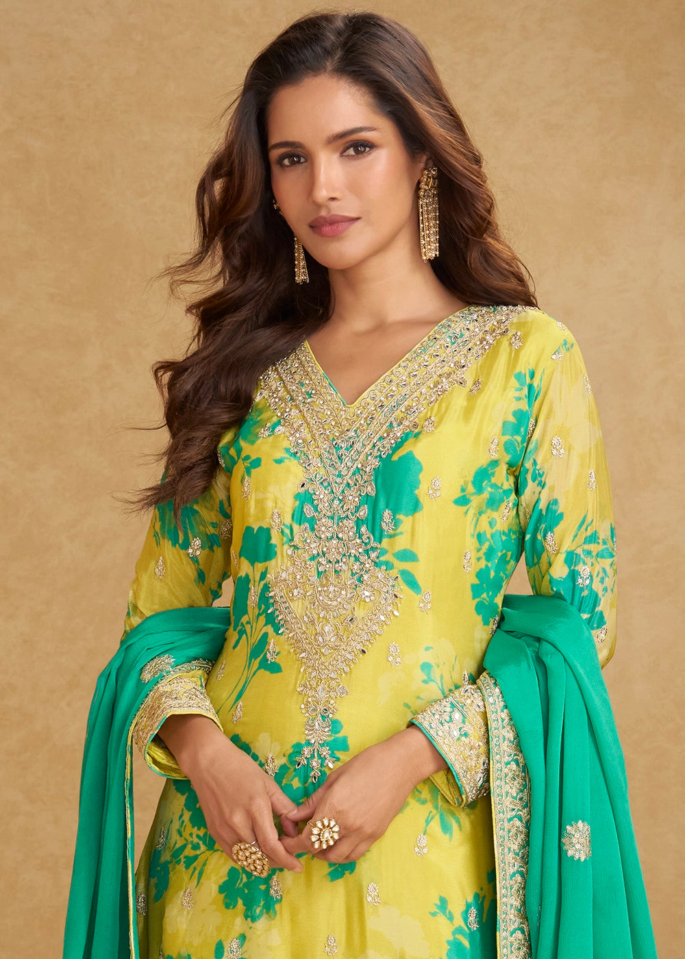 Lemon Yellow Palazzo Suit in Chinon Silk with Intricate Embroidery