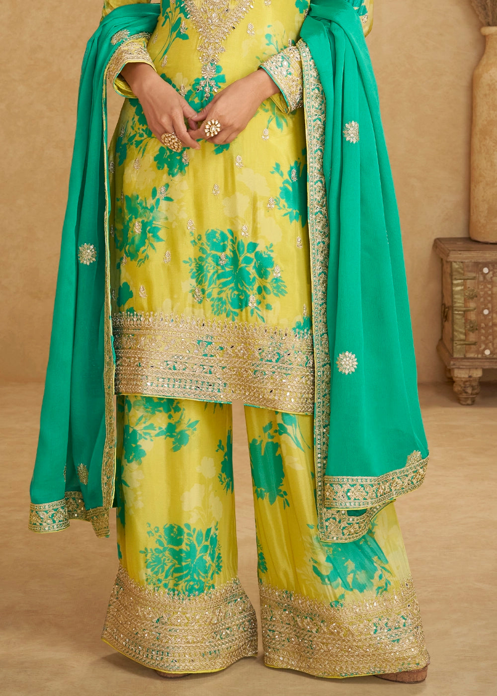 Lemon Yellow Palazzo Suit in Chinon Silk with Intricate Embroidery