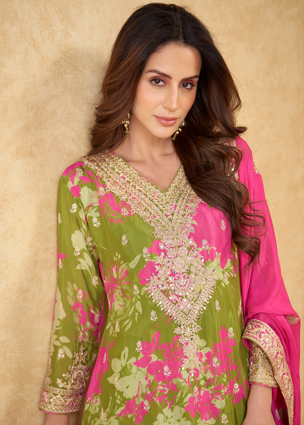 Olive Green Palazzo Suit in Chinon Silk with Intricate Embroidery