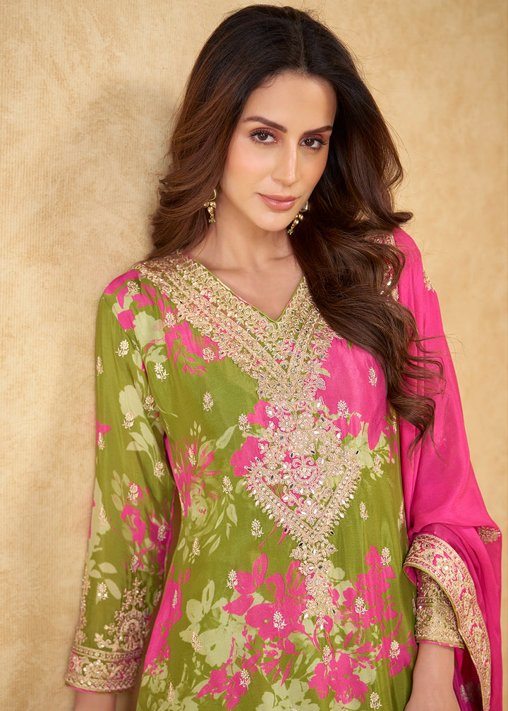 Olive Green Palazzo Suit in Chinon Silk with Intricate Embroidery