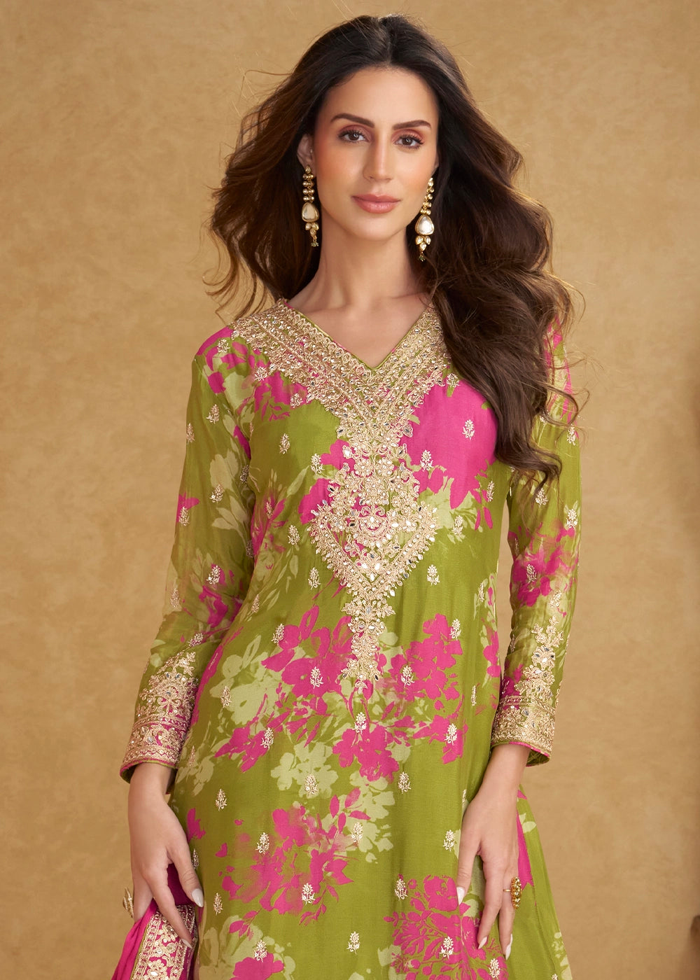 Olive Green Palazzo Suit in Chinon Silk with Intricate Embroidery