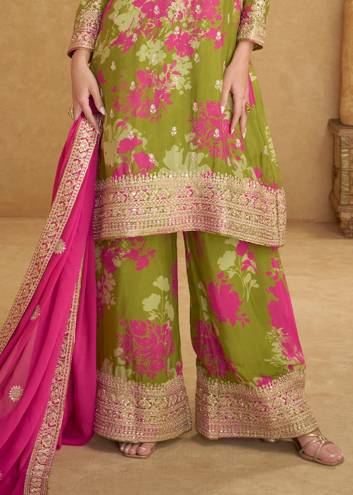 Olive Green Palazzo Suit in Chinon Silk with Intricate Embroidery