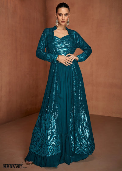 Cobalt Blue Georgette Skirt Top Set with Embellished Long Jacket