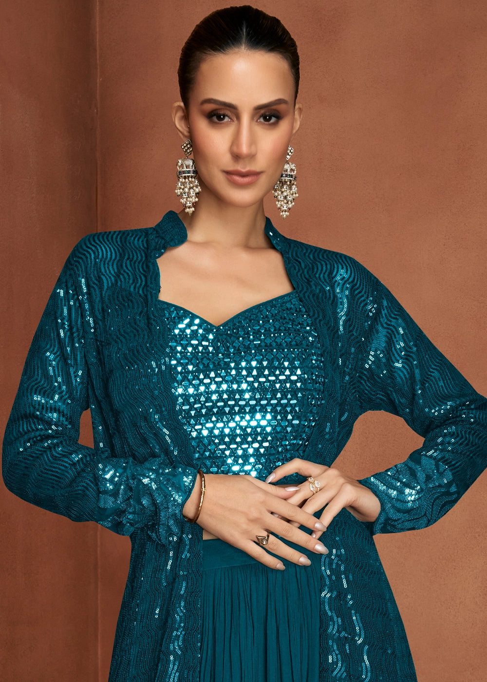 Cobalt Blue Georgette Skirt Top Set with Embellished Long Jacket