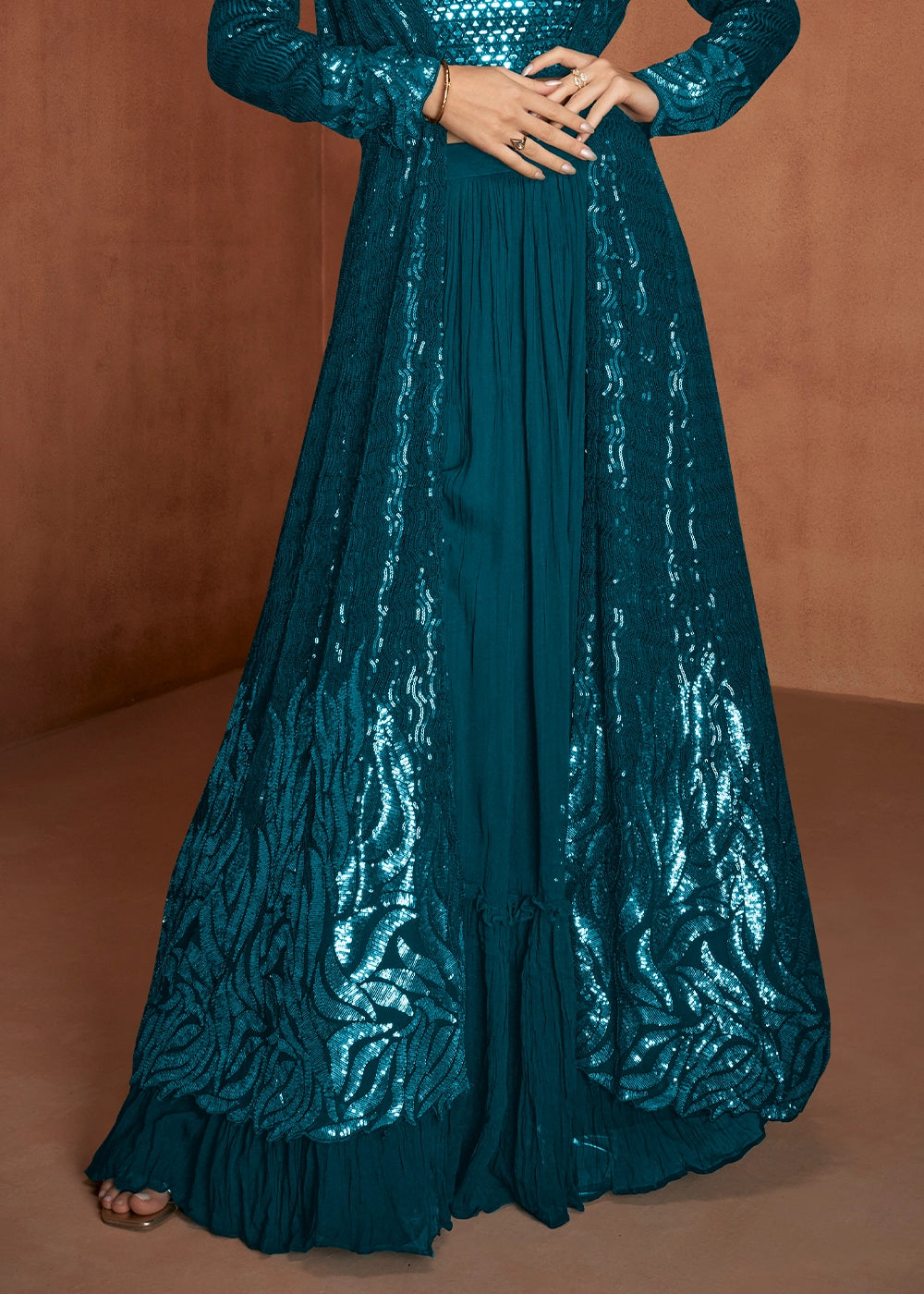 Cobalt Blue Georgette Skirt Top Set with Embellished Long Jacket