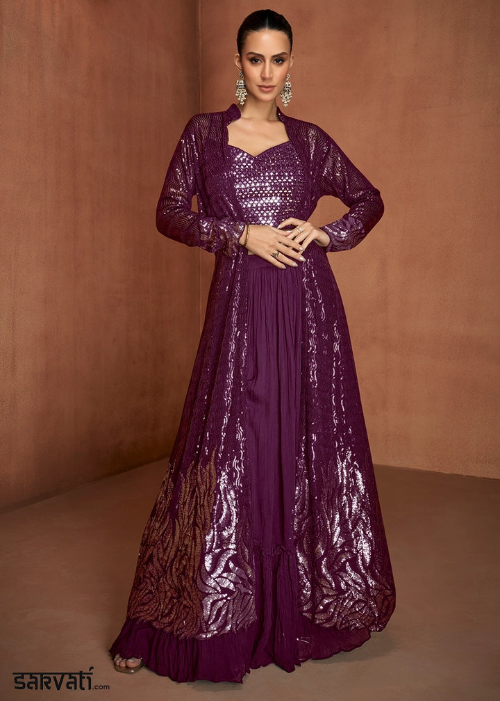 Sangria Purple Georgette Skirt Top Set with Embellished Long Jacket