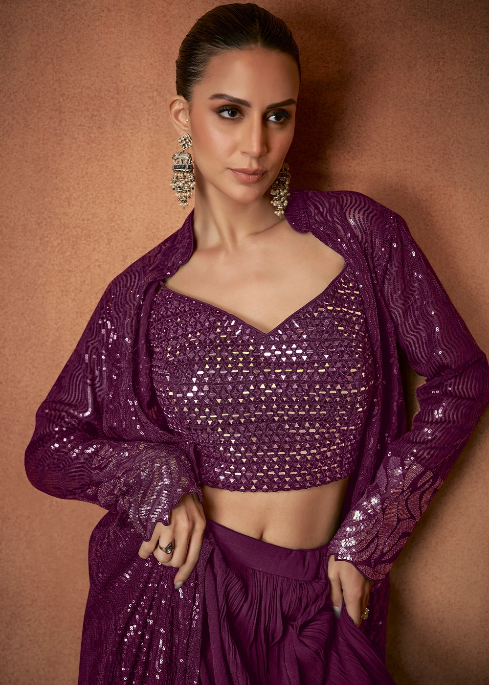 Sangria Purple Georgette Skirt Top Set with Embellished Long Jacket
