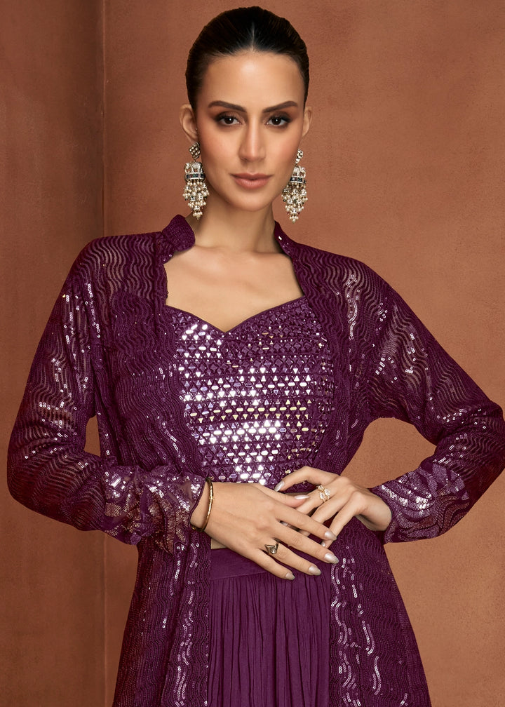 Sangria Purple Georgette Skirt Top Set with Embellished Long Jacket