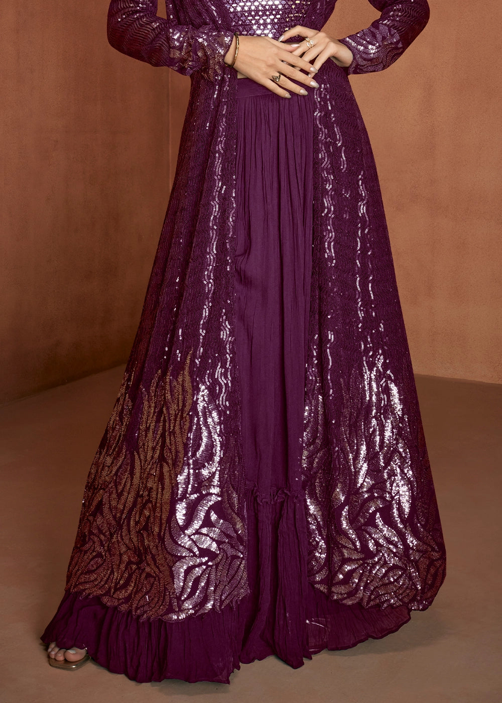 Sangria Purple Georgette Skirt Top Set with Embellished Long Jacket