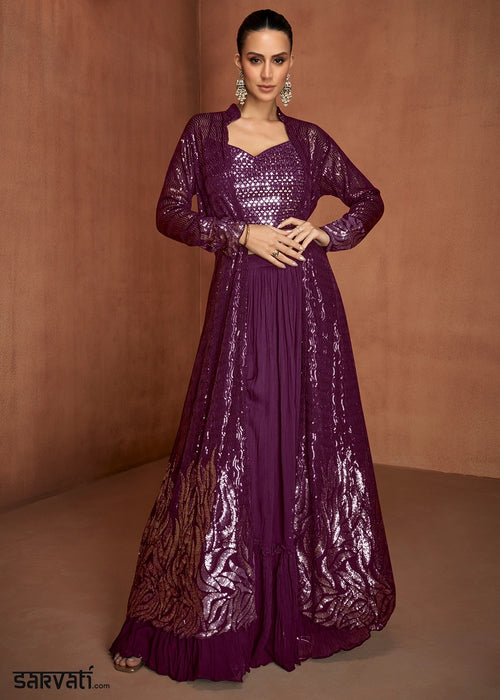 Sangria Purple Georgette Skirt Top Set with Embellished Long Jacket