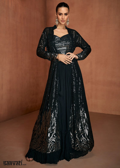 Pebble Black Georgette Skirt Top Set with Embellished Long Jacket
