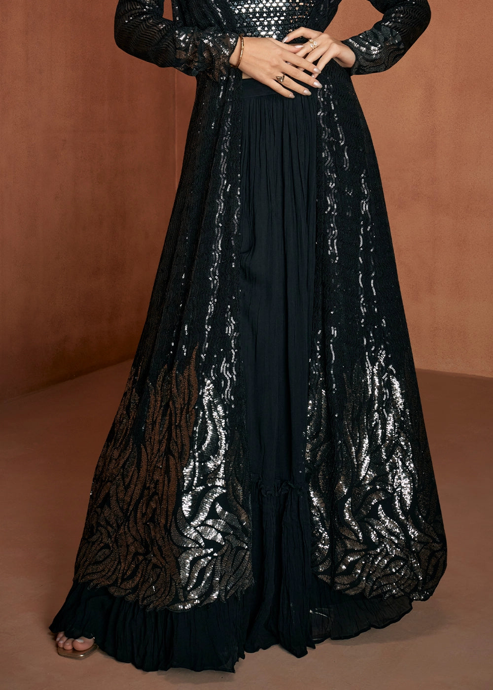 Pebble Black Georgette Skirt Top Set with Embellished Long Jacket