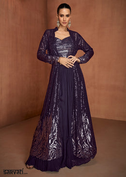 Raisin Purple Georgette Skirt Top Set with Embellished Long Jacket