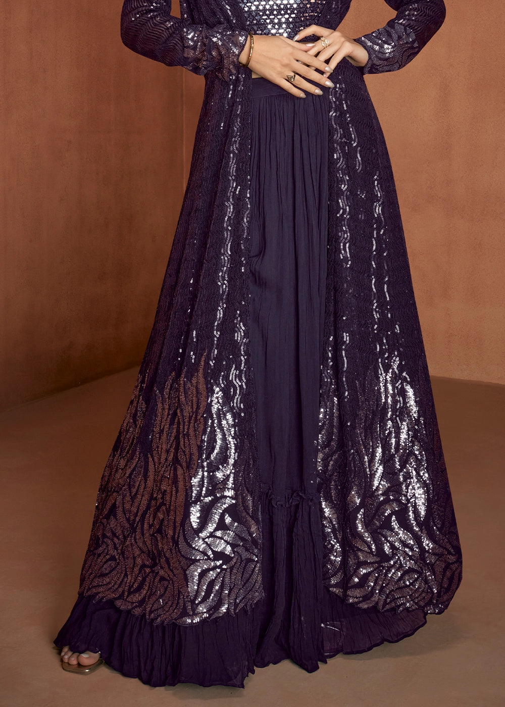 Raisin Purple Georgette Skirt Top Set with Embellished Long Jacket