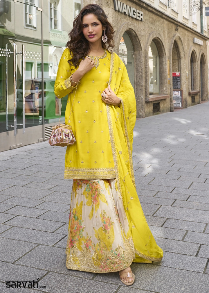 Cadmium Yellow Chinon Silk Palazzo Suit with Exquisite Embroidery