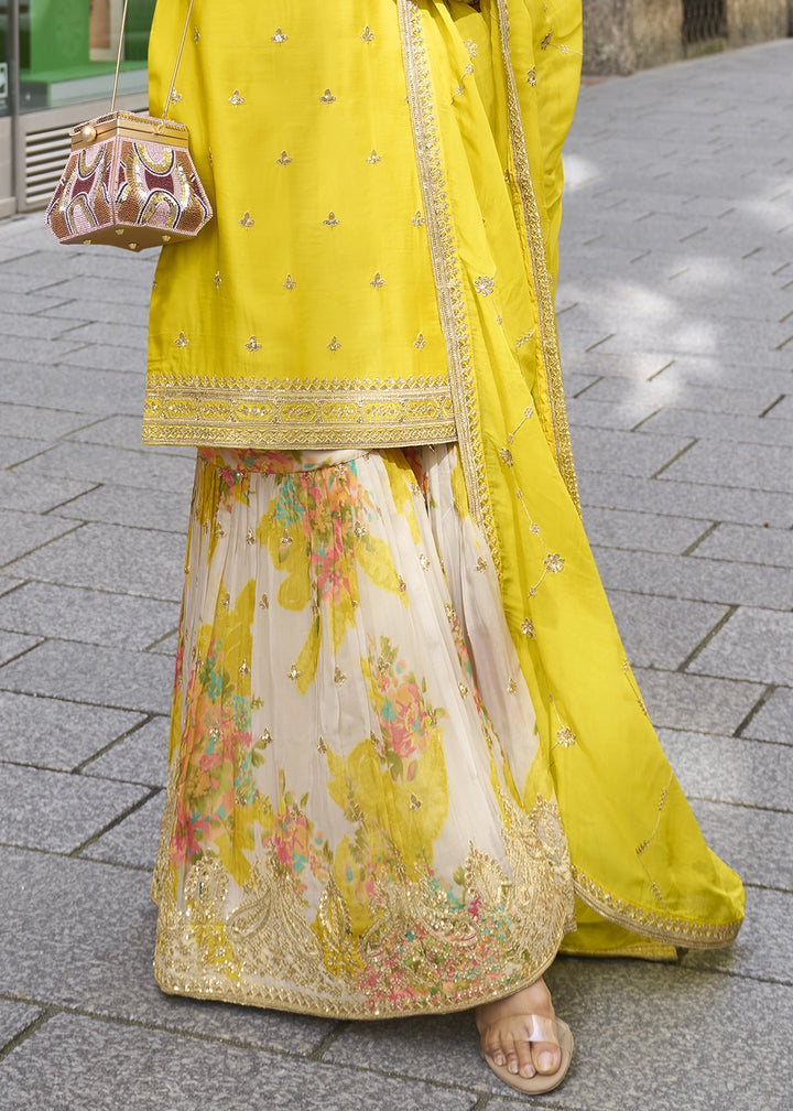 Cadmium Yellow Chinon Silk Palazzo Suit with Exquisite Embroidery
