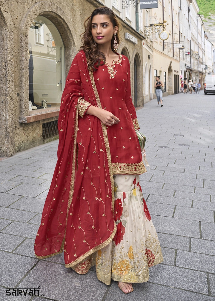 Crimson Red Chinon Silk Palazzo Suit with Exquisite Embroidery