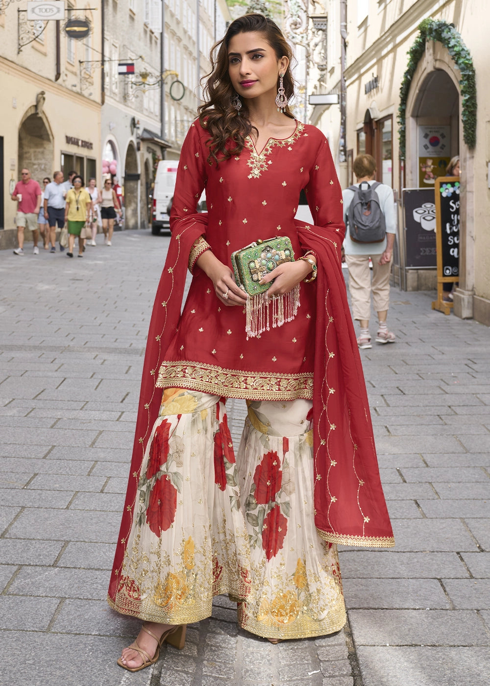 Crimson Red Chinon Silk Palazzo Suit with Exquisite Embroidery