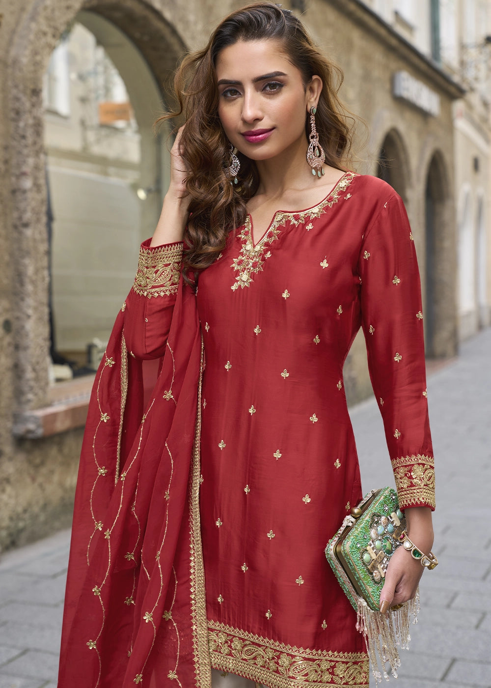 Crimson Red Chinon Silk Palazzo Suit with Exquisite Embroidery
