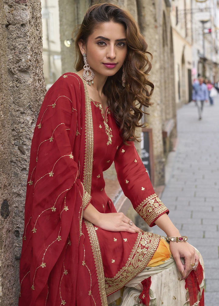 Crimson Red Chinon Silk Palazzo Suit with Exquisite Embroidery