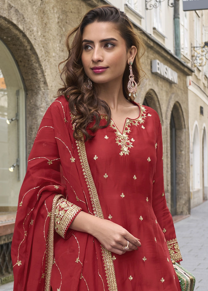 Crimson Red Chinon Silk Palazzo Suit with Exquisite Embroidery