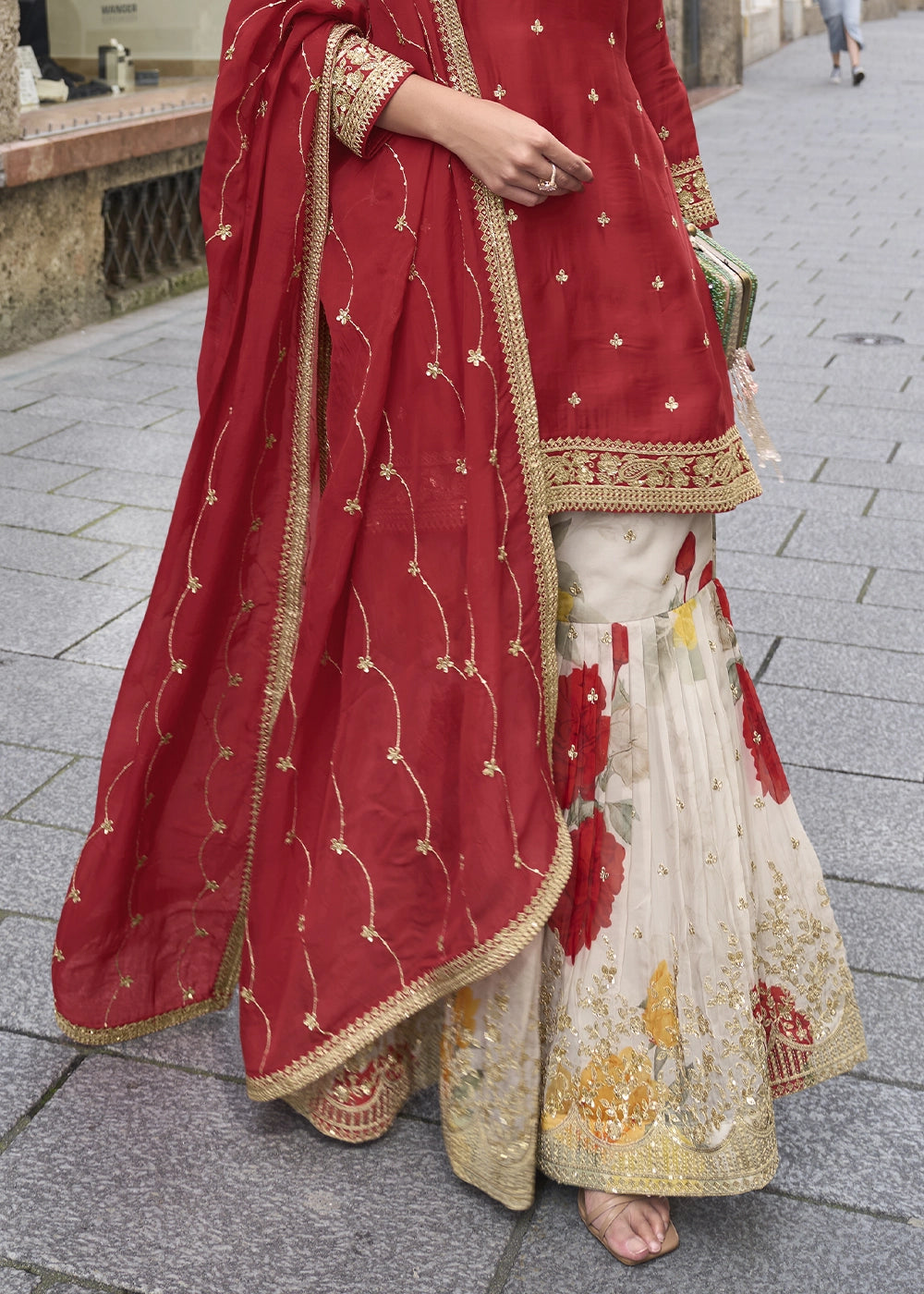 Crimson Red Chinon Silk Palazzo Suit with Exquisite Embroidery
