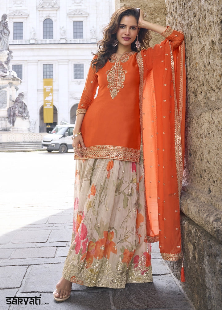 Tiger Orange Chinon Silk Palazzo Suit with Exquisite Embroidery