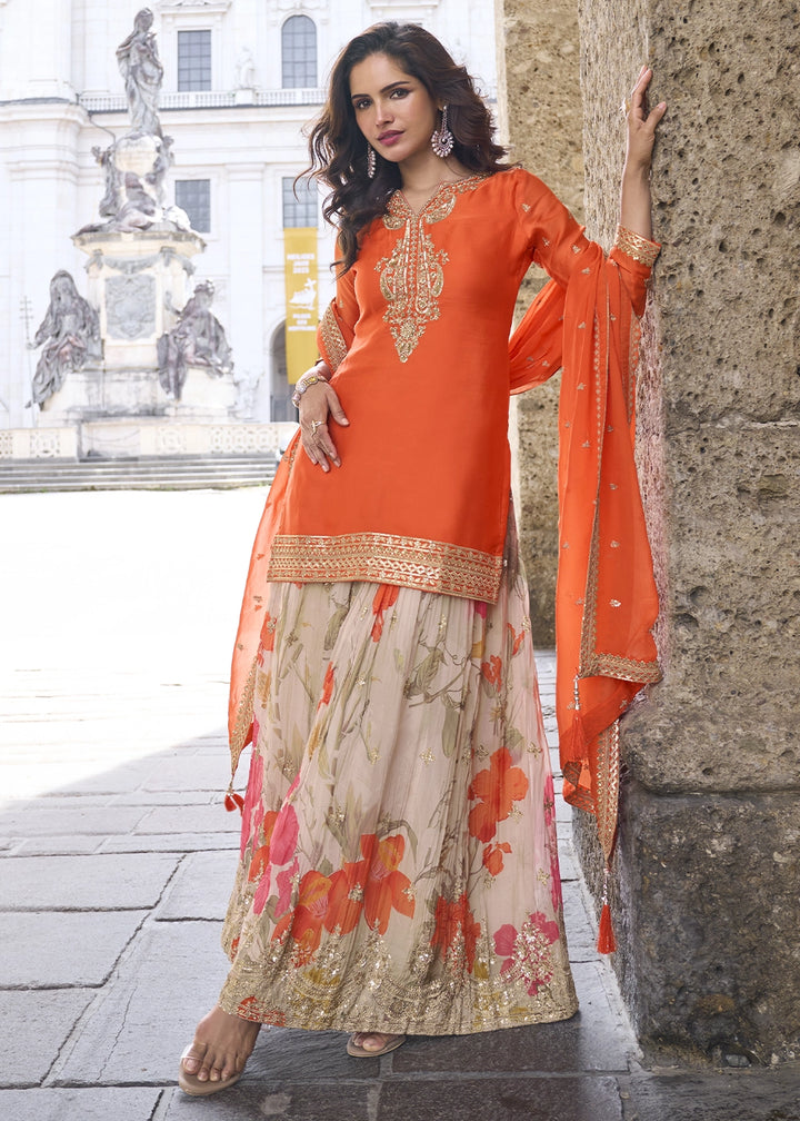 Tiger Orange Chinon Silk Palazzo Suit with Exquisite Embroidery