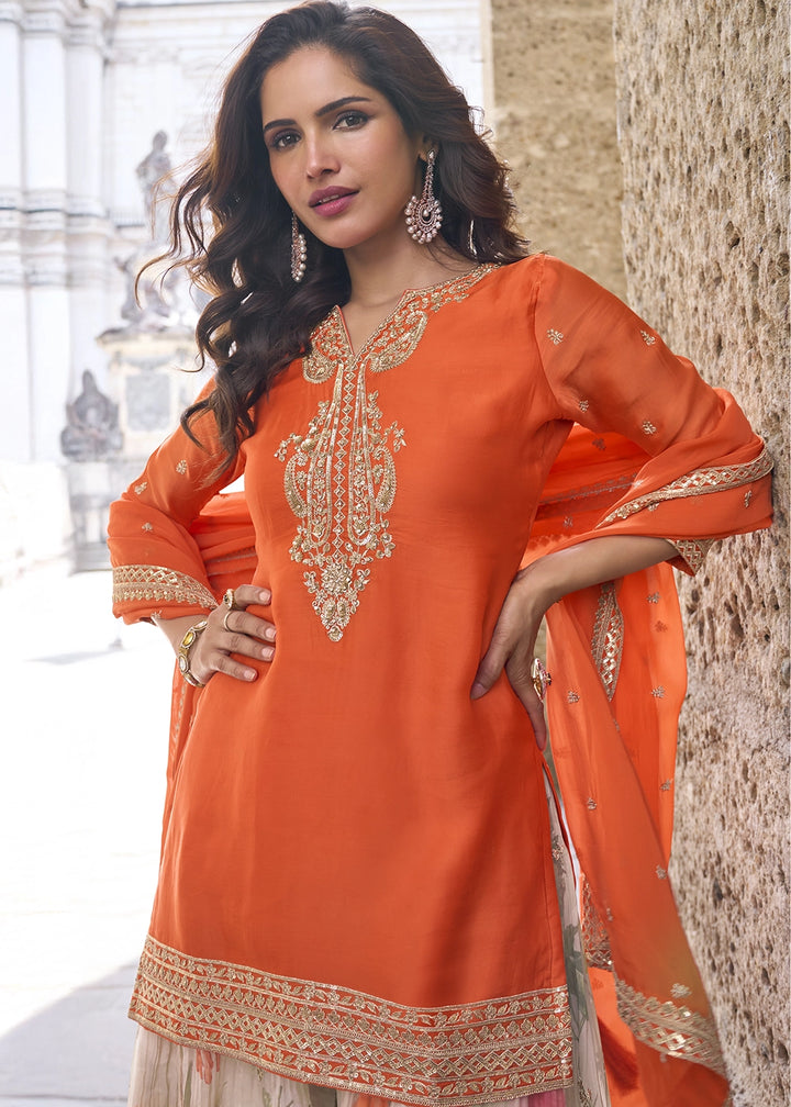 Tiger Orange Chinon Silk Palazzo Suit with Exquisite Embroidery