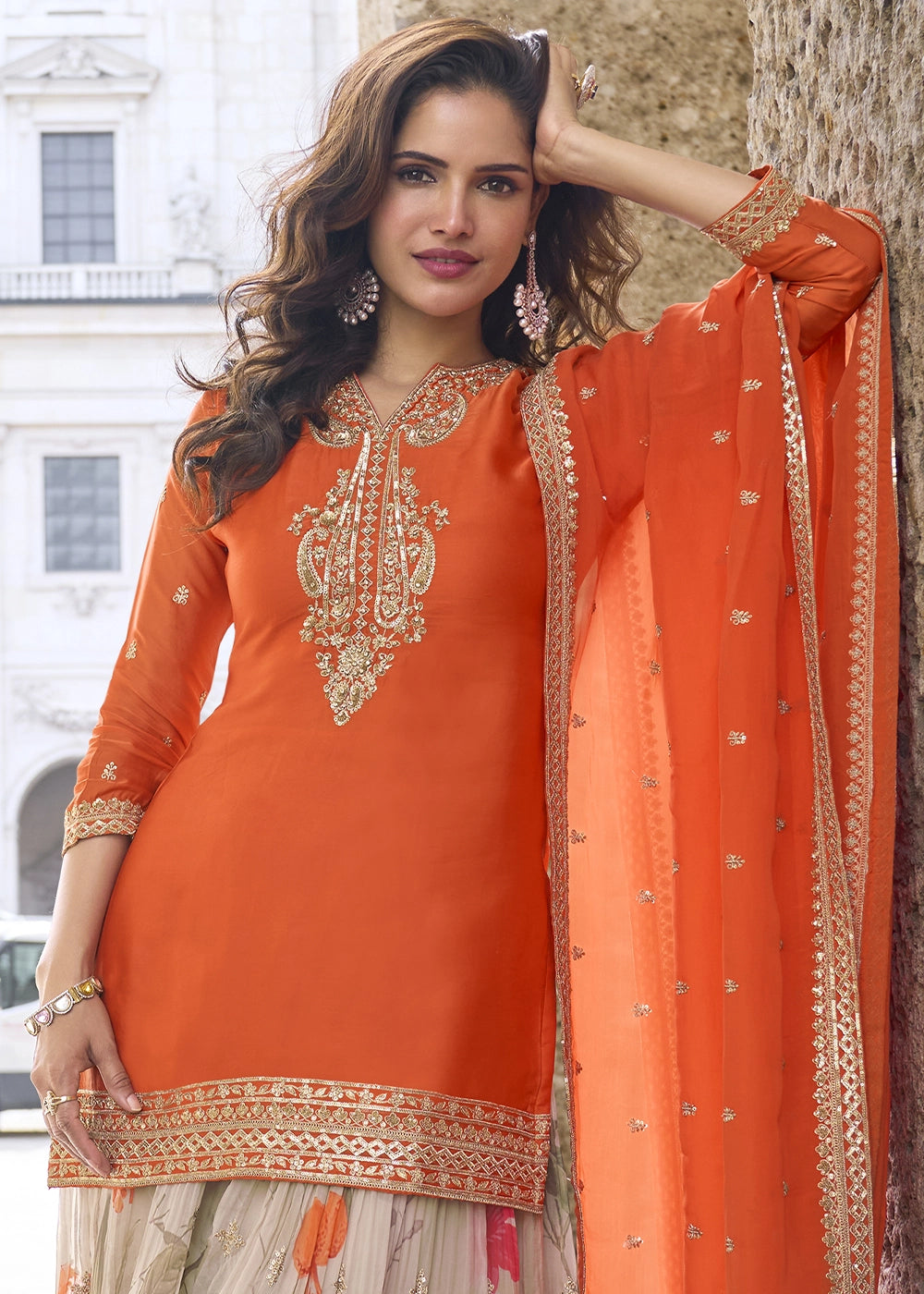 Tiger Orange Chinon Silk Palazzo Suit with Exquisite Embroidery