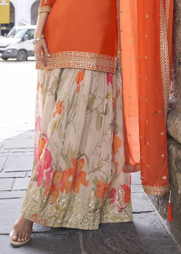 Tiger Orange Chinon Silk Palazzo Suit with Exquisite Embroidery