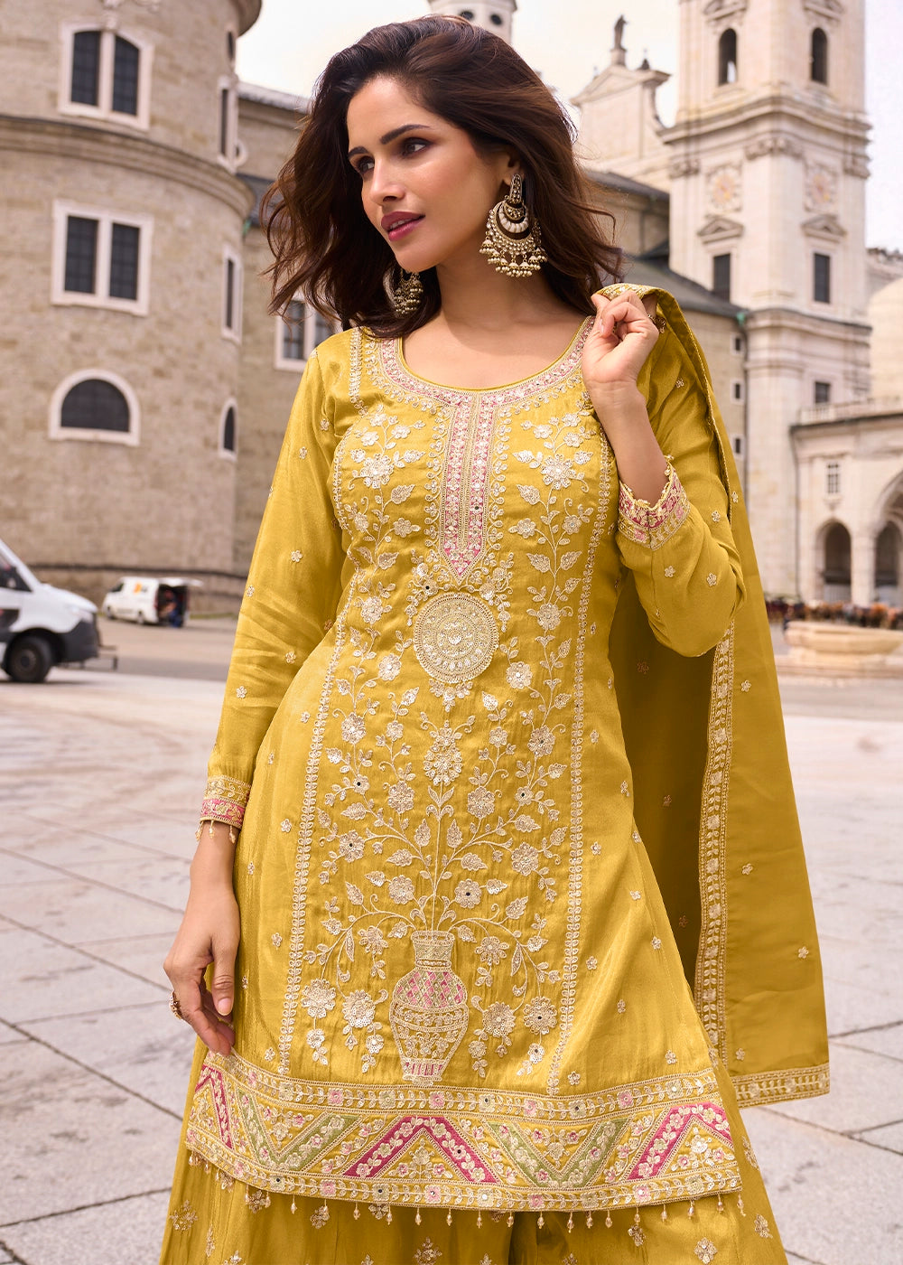Canary Yellow Simar Silk Embroidered Designer Palazzo Suit