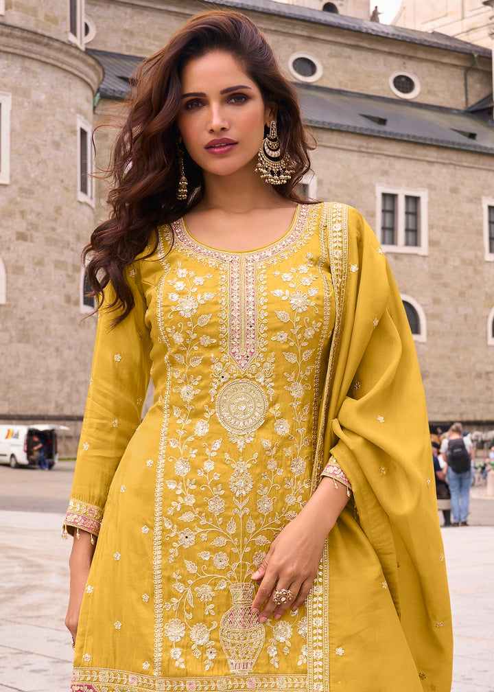 Canary Yellow Simar Silk Embroidered Designer Palazzo Suit