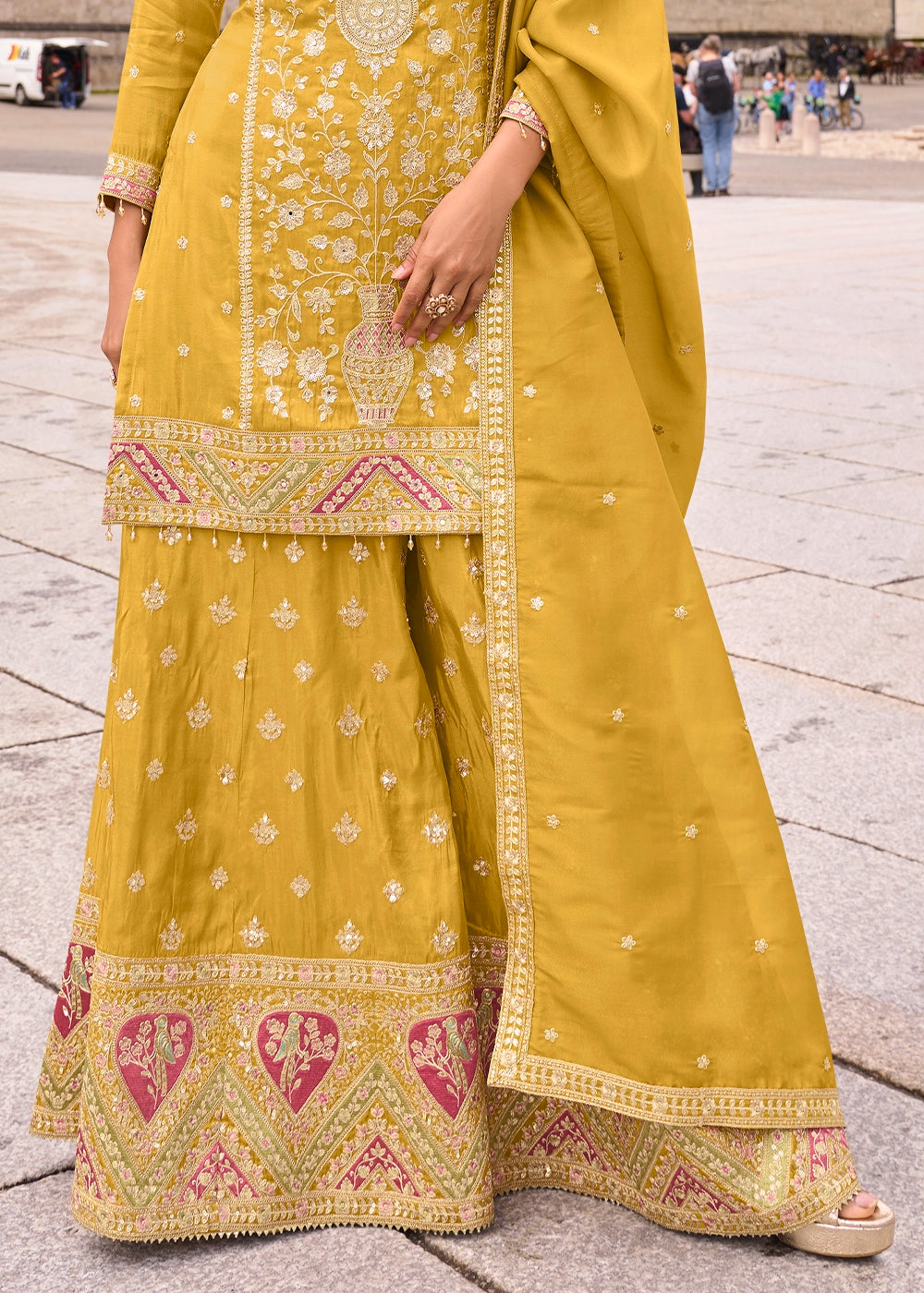 Canary Yellow Simar Silk Embroidered Designer Palazzo Suit