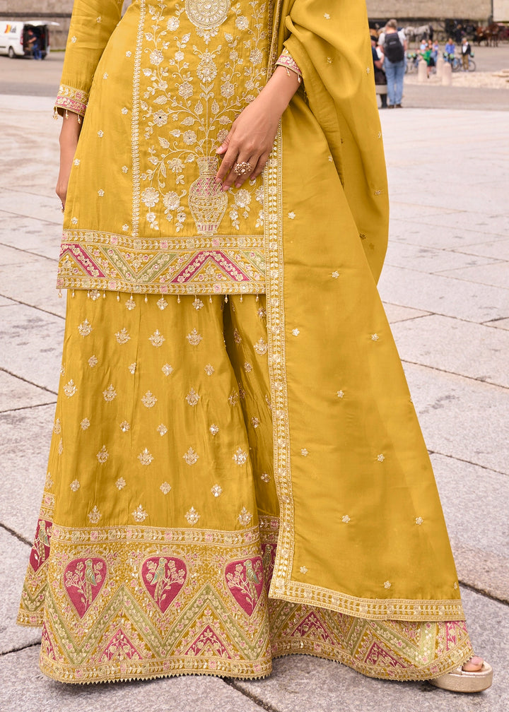 Canary Yellow Simar Silk Embroidered Designer Palazzo Suit