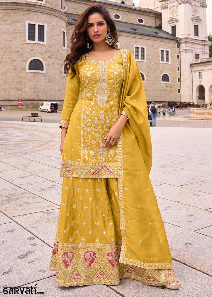 Canary Yellow Simar Silk Embroidered Designer Palazzo Suit