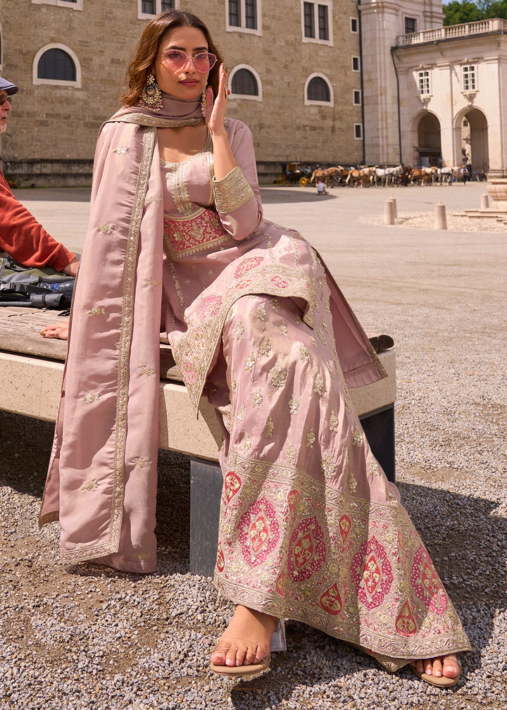 Delicate Rose Pink Simar Silk Embroidered Designer Palazzo Suit