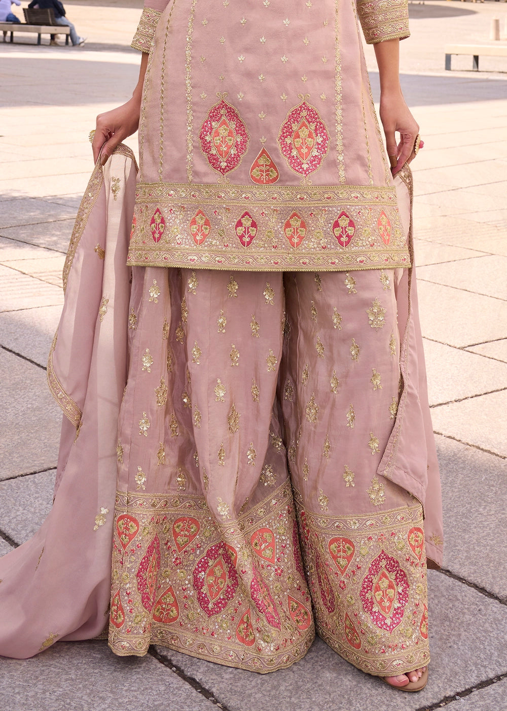 Delicate Rose Pink Simar Silk Embroidered Designer Palazzo Suit