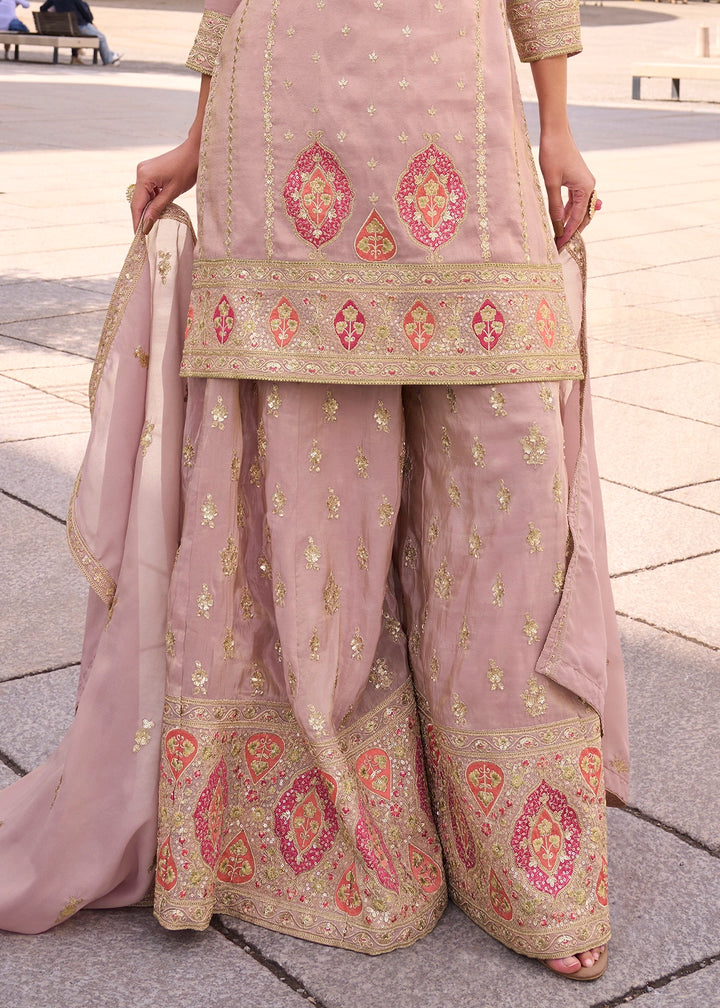 Delicate Rose Pink Simar Silk Embroidered Designer Palazzo Suit