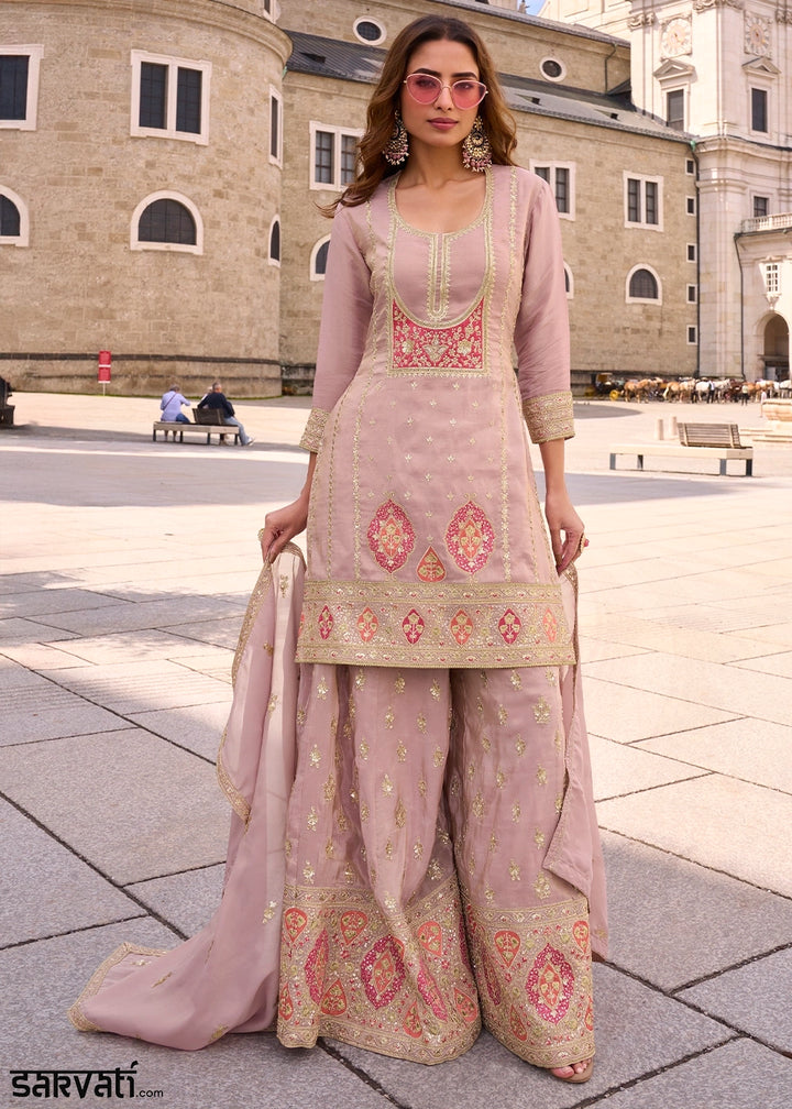 Delicate Rose Pink Simar Silk Embroidered Designer Palazzo Suit